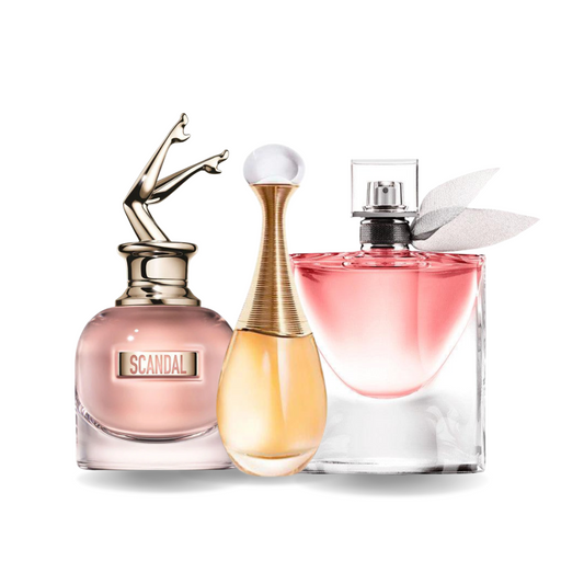 Conjunto de 3 perfumes Jean Paul Gaultier SCANDAL, Dior J'ADORE e Lancôme LA VIE EST BELLE 100ml